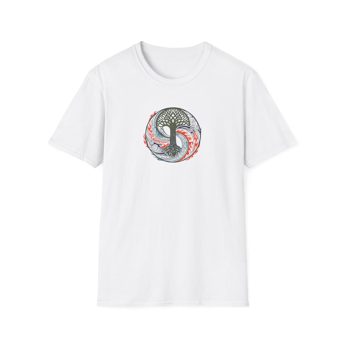 A white short-sleeve crewneck t-shirt featuring a circular chest graphic of a tree of life in black with red and gray swirling patterns. Minimalist yoga apparel by pemuyo.