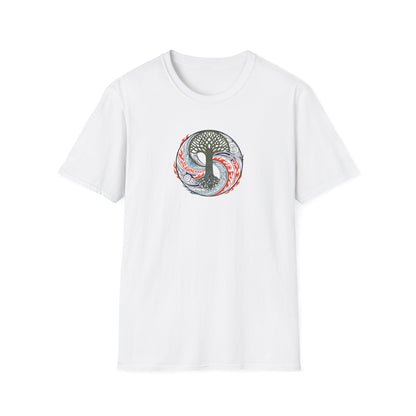 A white short-sleeve crewneck t-shirt featuring a circular chest graphic of a tree of life in black with red and gray swirling patterns. Minimalist yoga apparel by pemuyo.