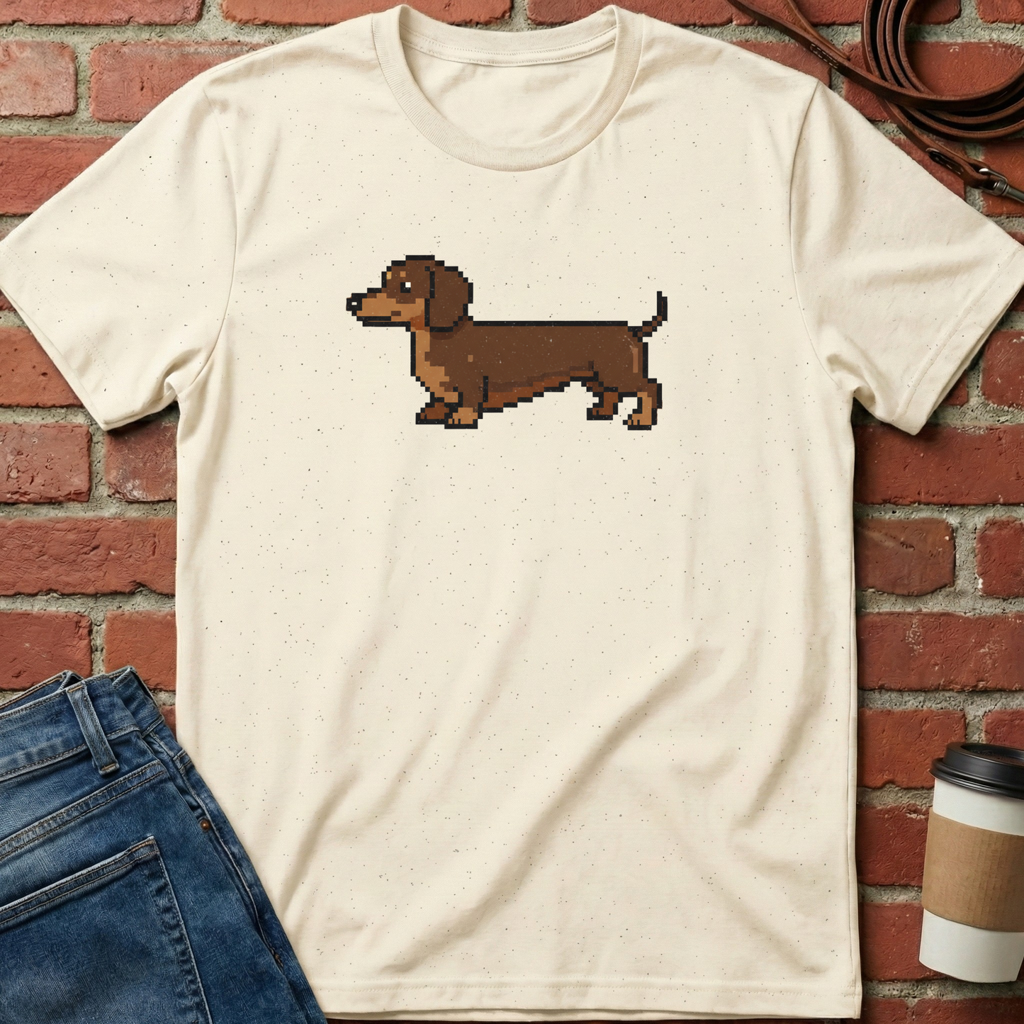 Beige t-shirt with a pixelated dachshund graphic on a brick wall background. Minimalist dog apparel by pemuyo.
