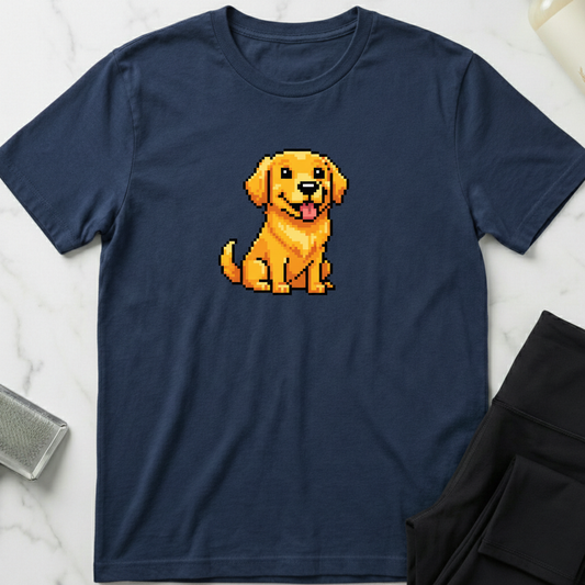Navy blue t-shirt with a pixelated dog graphic on a marble surface. Minimalist dog apparel by pemuyo.