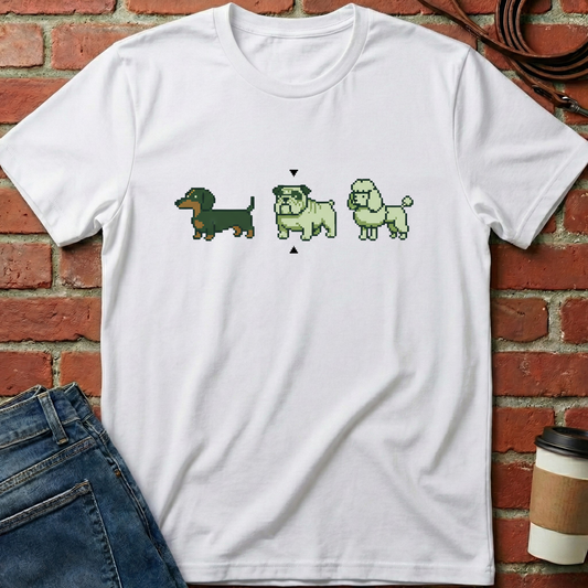 White t-shirt with pixelated dog illustrations on a brick wall background. Minimalist dog apparel by pemuyo.