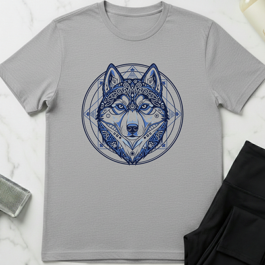 Gray t-shirt with a blue husky design on a white marble surface. Minimalist dog apparel by pemuyo.