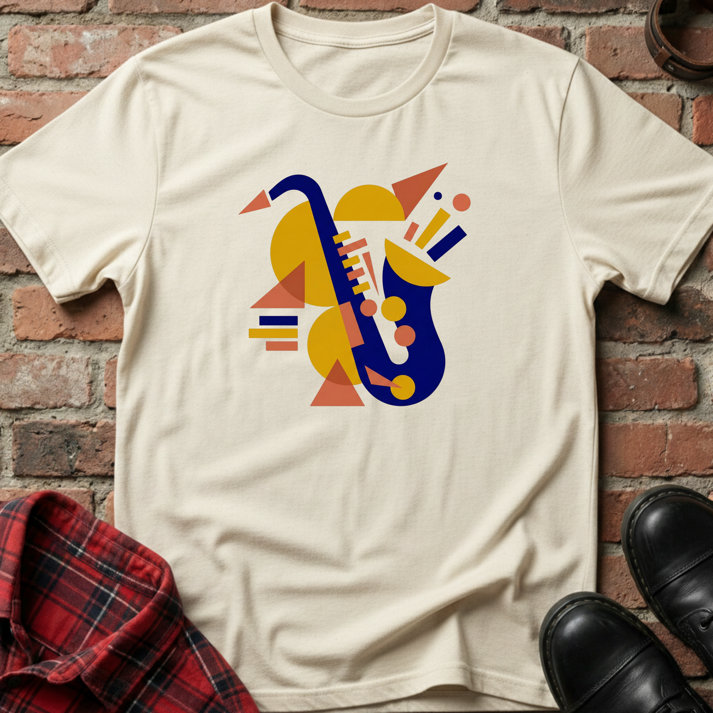 Beige t-shirt with geometric saxophone design on a brick wall background. Minimalist music apparel by pemuyo.
