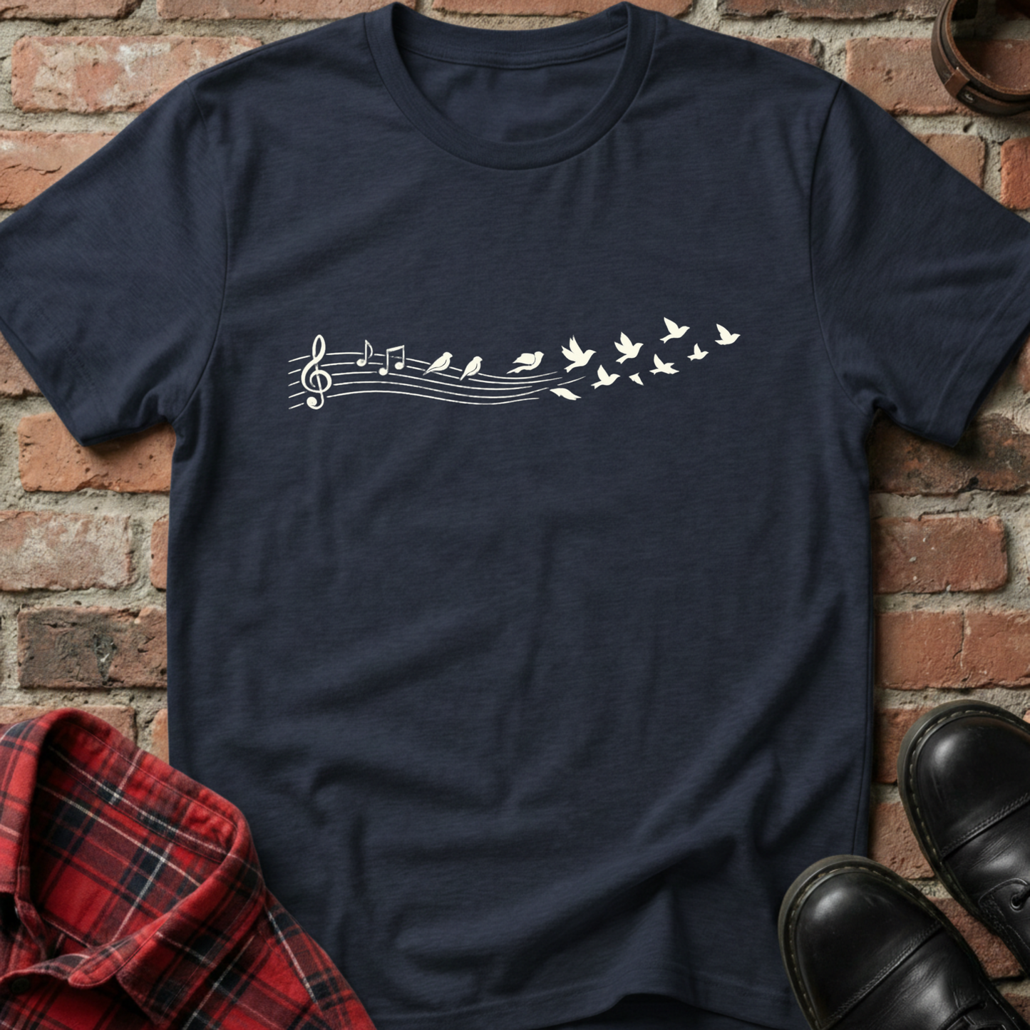 Navy blue t-shirt with musical note and bird design on a brick background. Minimalist music apparel by pemuyo.