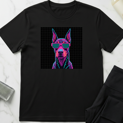 Black t-shirt with a dog graphic wearing sunglasses on a white marble surface. Minimalist dog apparel by pemuyo.
