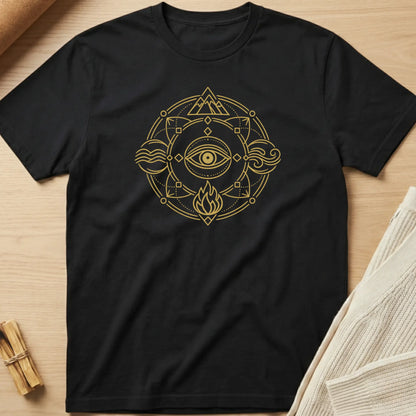 Black t-shirt with gold geometric design on a wooden surface. Minimalist yoga apparel by pemuyo.