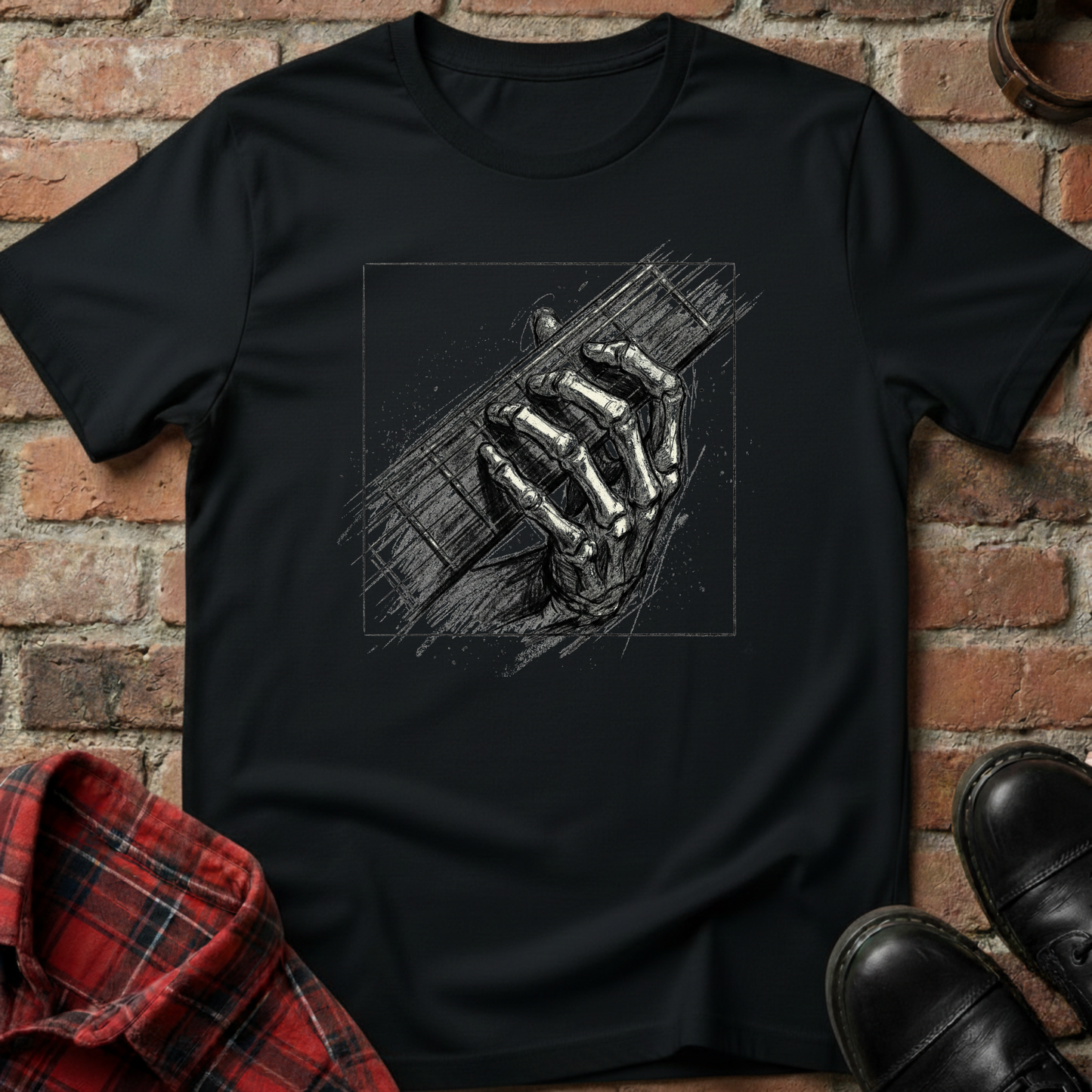 Black t-shirt with a graphic design of hands holding a guitar against a brick wall. Minimalist music apparel by pemuyo.