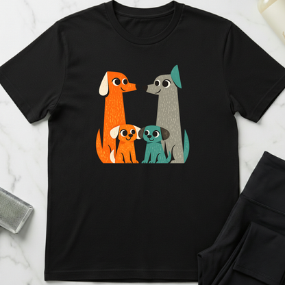 Black t-shirt with cartoon dog family design on a white marble surface. Minimalist dog apparel by pemuyo.