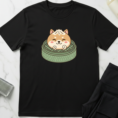Black t-shirt with a cute dog design on a marble surface. Minimalist dog apparel by pemuyo.