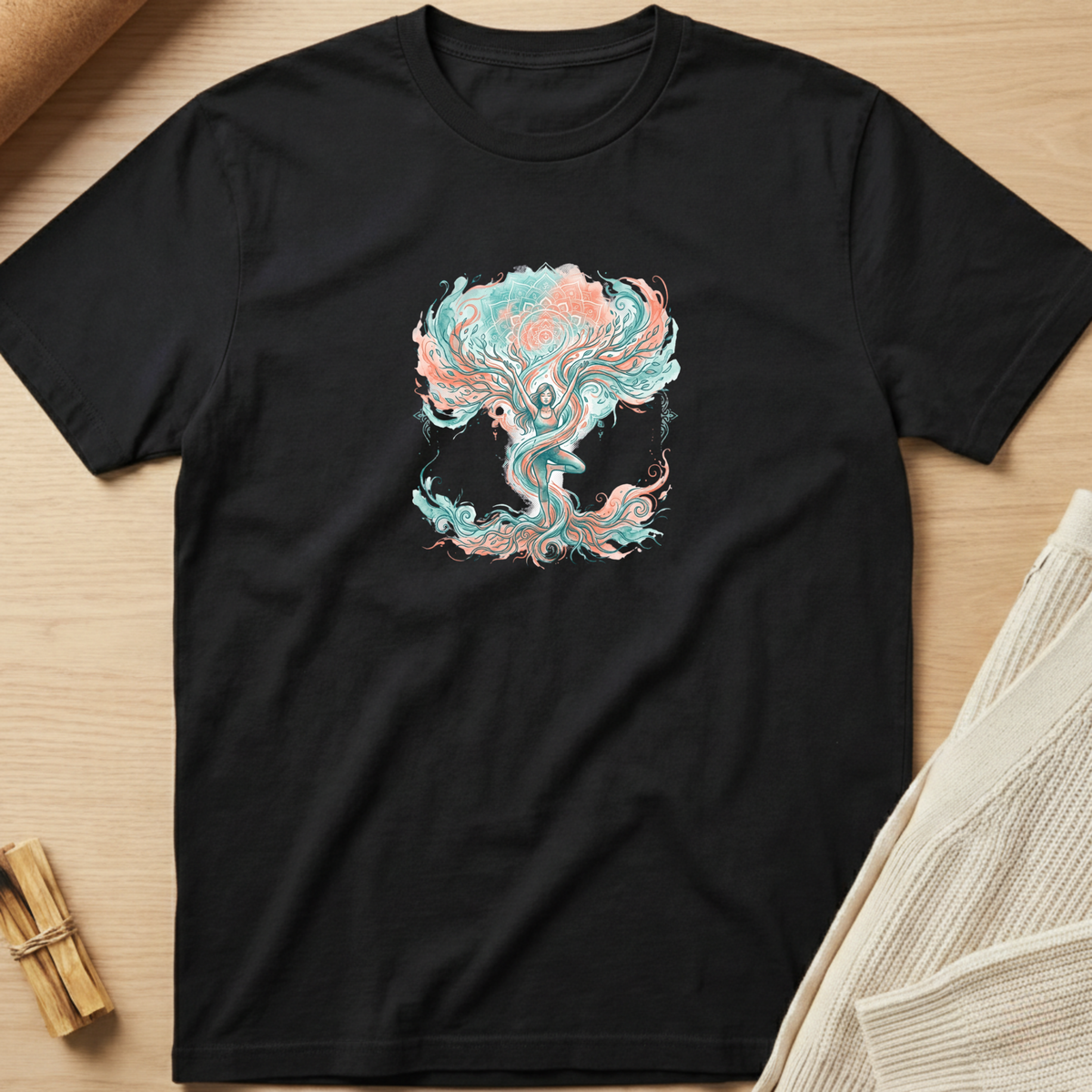A black short-sleeve crewneck t-shirt laid flat on a light wood surface, featuring a colorful abstract tree-of-life style graphic in teal, pink, and white on the chest. Minimalist yoga apparel by pemuyo.