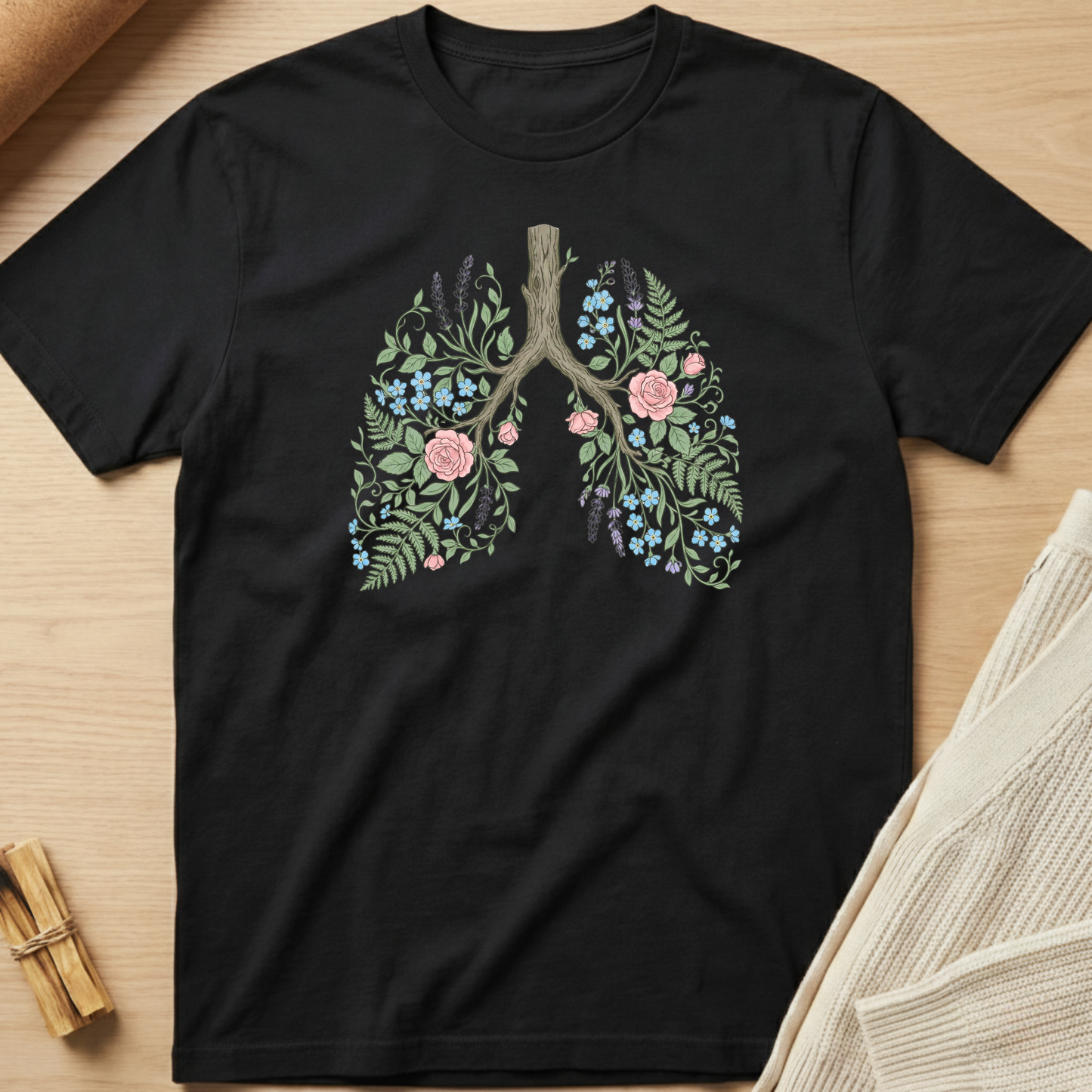 Black t-shirt with floral lung design on a wooden surface. Minimalist yoga apparel by pemuyo.