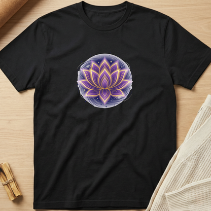 A black short-sleeve crewneck t-shirt laid flat on a light wood surface, featuring a circular graphic of a glowing purple and yellow lotus flower with a starry blue background. Minimalist yoga apparel by pemuyo.