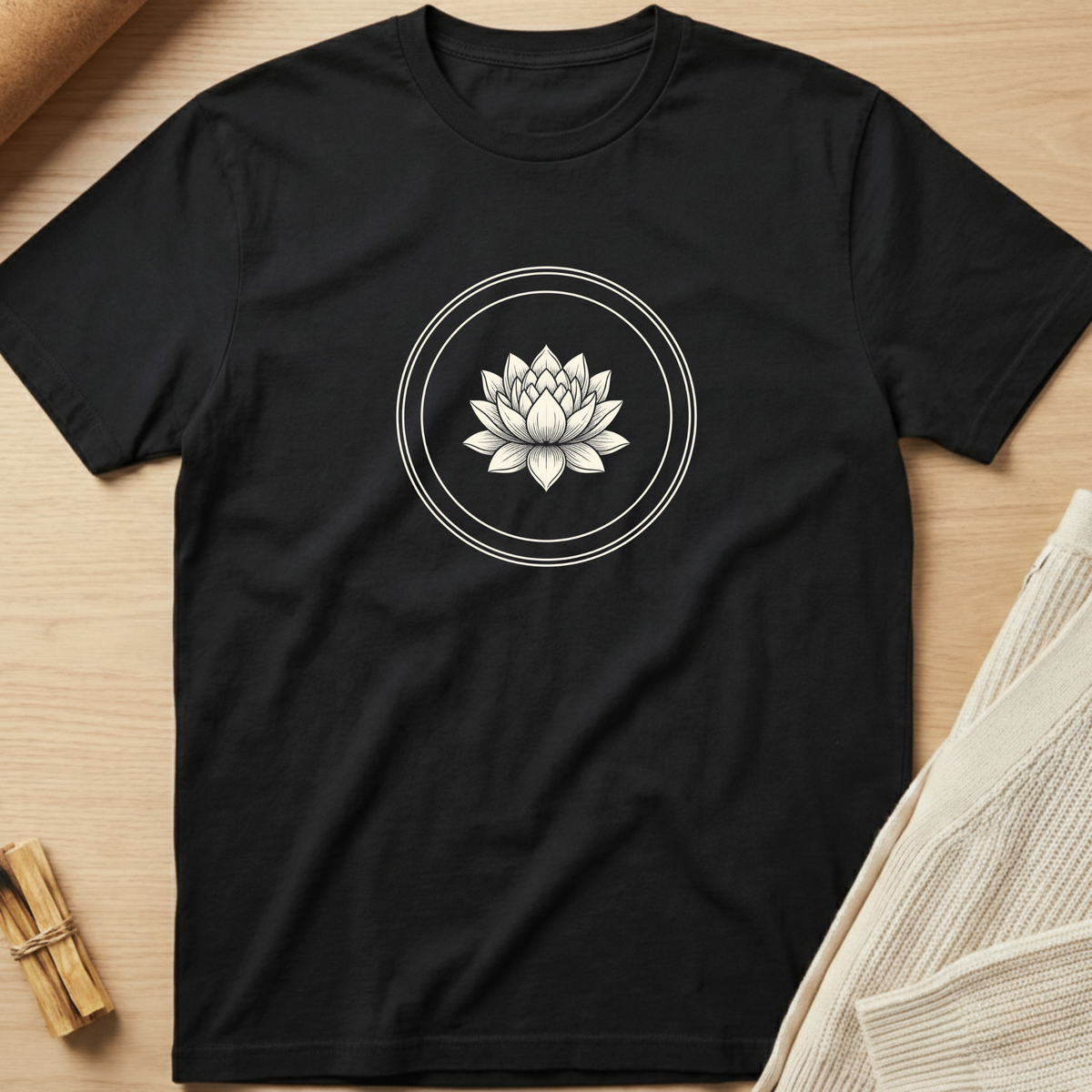 A black short-sleeve crewneck t-shirt with a white line art lotus flower inside a double circle on the chest, laid flat on a light wood background with styled props. Minimalist yoga apparel by pemuyo.