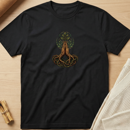 A black short-sleeve t-shirt laid flat on a light wood surface, featuring a central graphic of praying hands roots with green leaves and a tree of life motif. Styled flat-lay props include a rolled fabric corner, a small bundle of wood sticks, and a cream knit fabric piece. Minimalist yoga apparel by pemuyo.