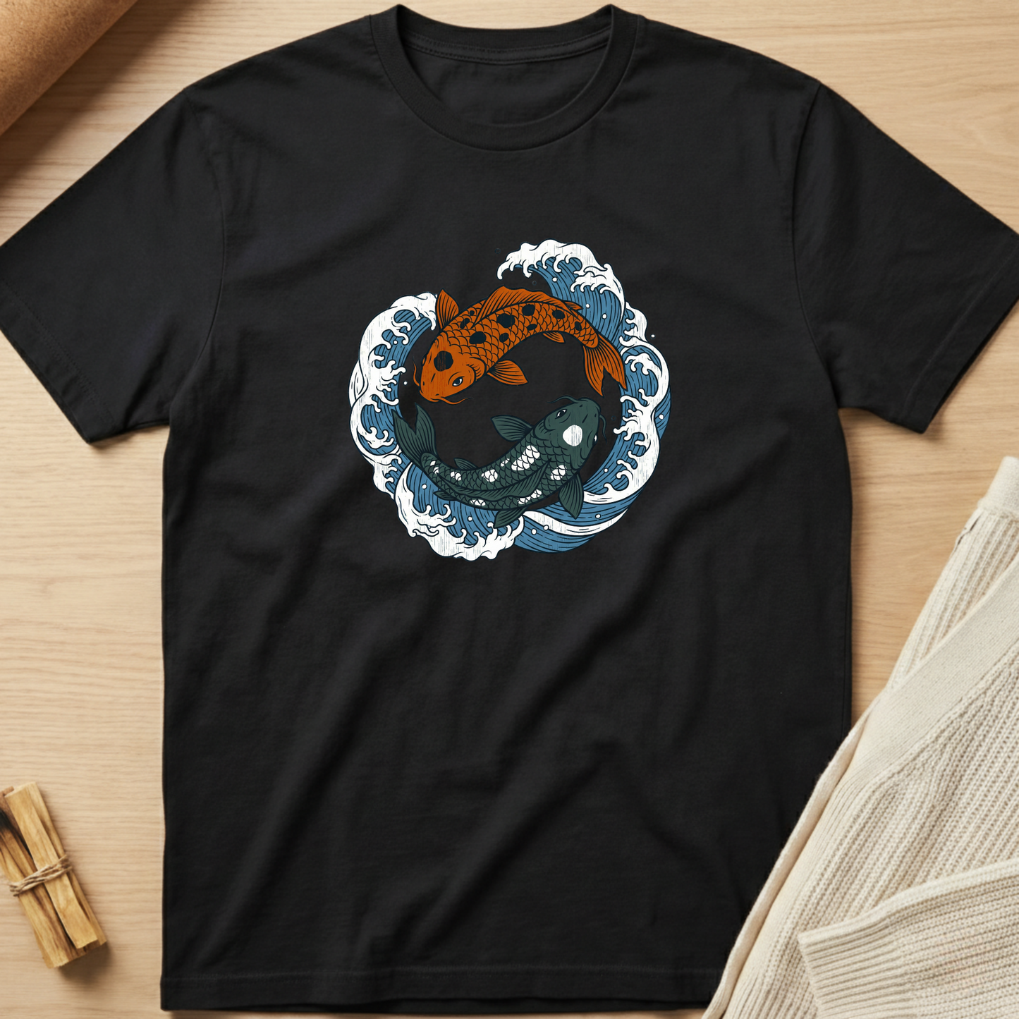 Black t-shirt with a fish and wave design on a wooden surface. Minimalist yoga apparel by pemuyo.