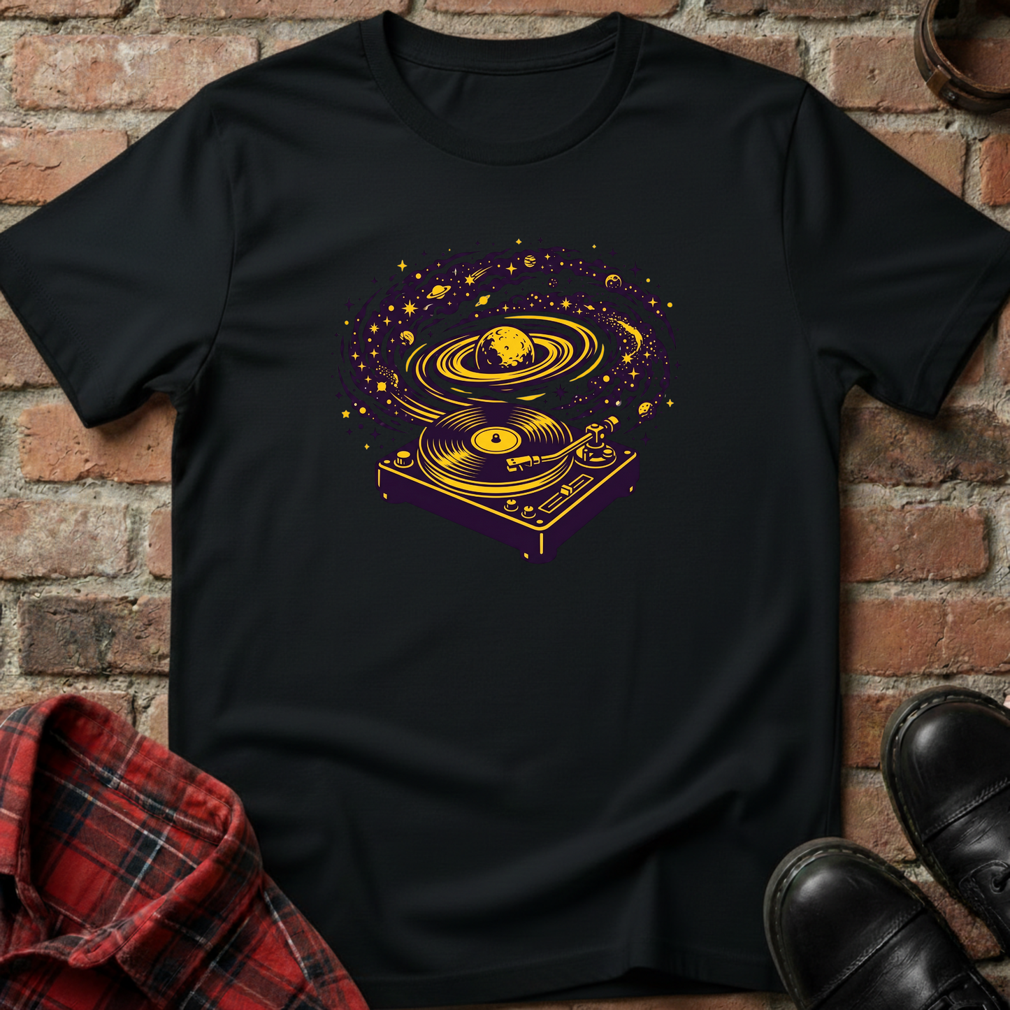Black t-shirt with a guitar tree design on a brick wall background. Minimalist music apparel by pemuyo.