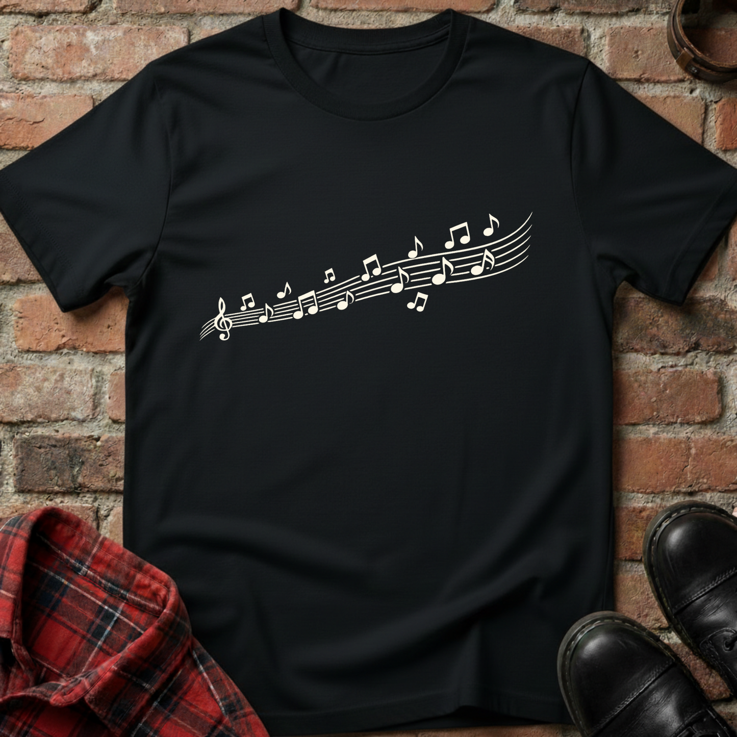 Black t-shirt with musical note design on a brick wall background. Minimalist music apparel by pemuyo.