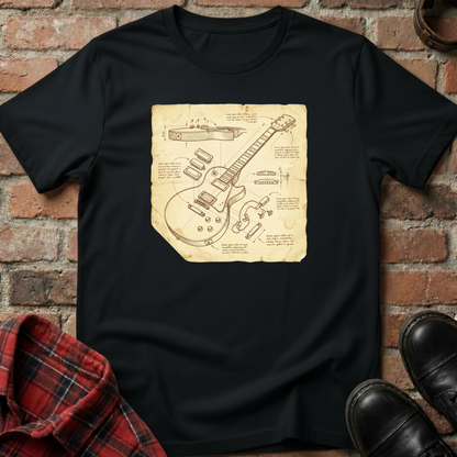 Black t-shirt with guitar blueprint design on a brick background. Minimalist music apparel by pemuyo.