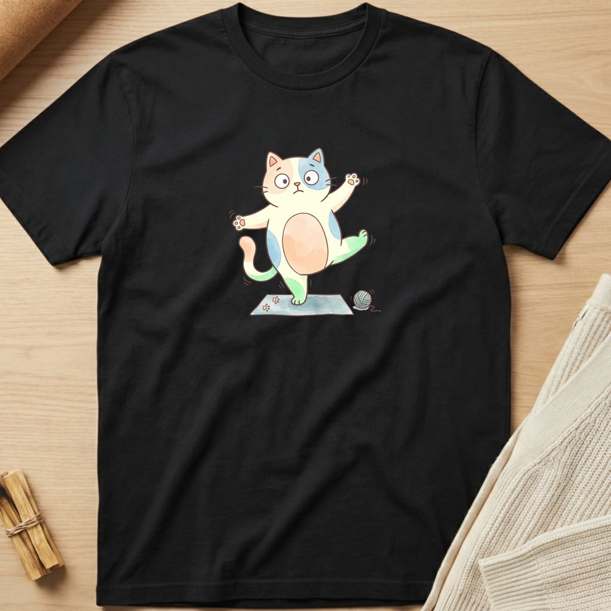 A black short-sleeve crewneck t-shirt laid flat on a light wood surface, featuring a colorful cartoon graphic of a cat balancing on its hind legs like a yoga pose. Minimalist yoga apparel by pemuyo.