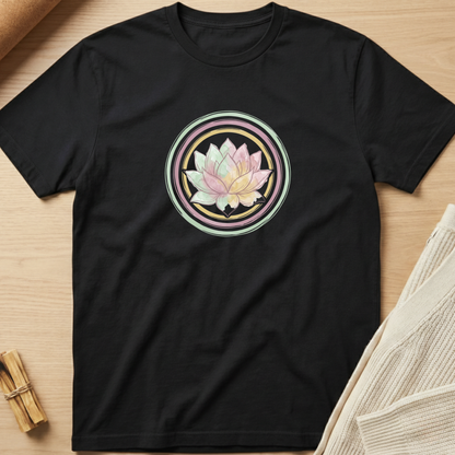 A black short-sleeve crewneck t-shirt laid flat on a light wood surface, featuring a circular graphic of a pastel pink and white lotus flower with concentric rings in green, purple, and gold. Minimalist yoga apparel by pemuyo.