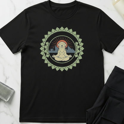 Black t-shirt with a meditating Buddha graphic on a white marble surface. Minimalist yoga apparel by pemuyo.