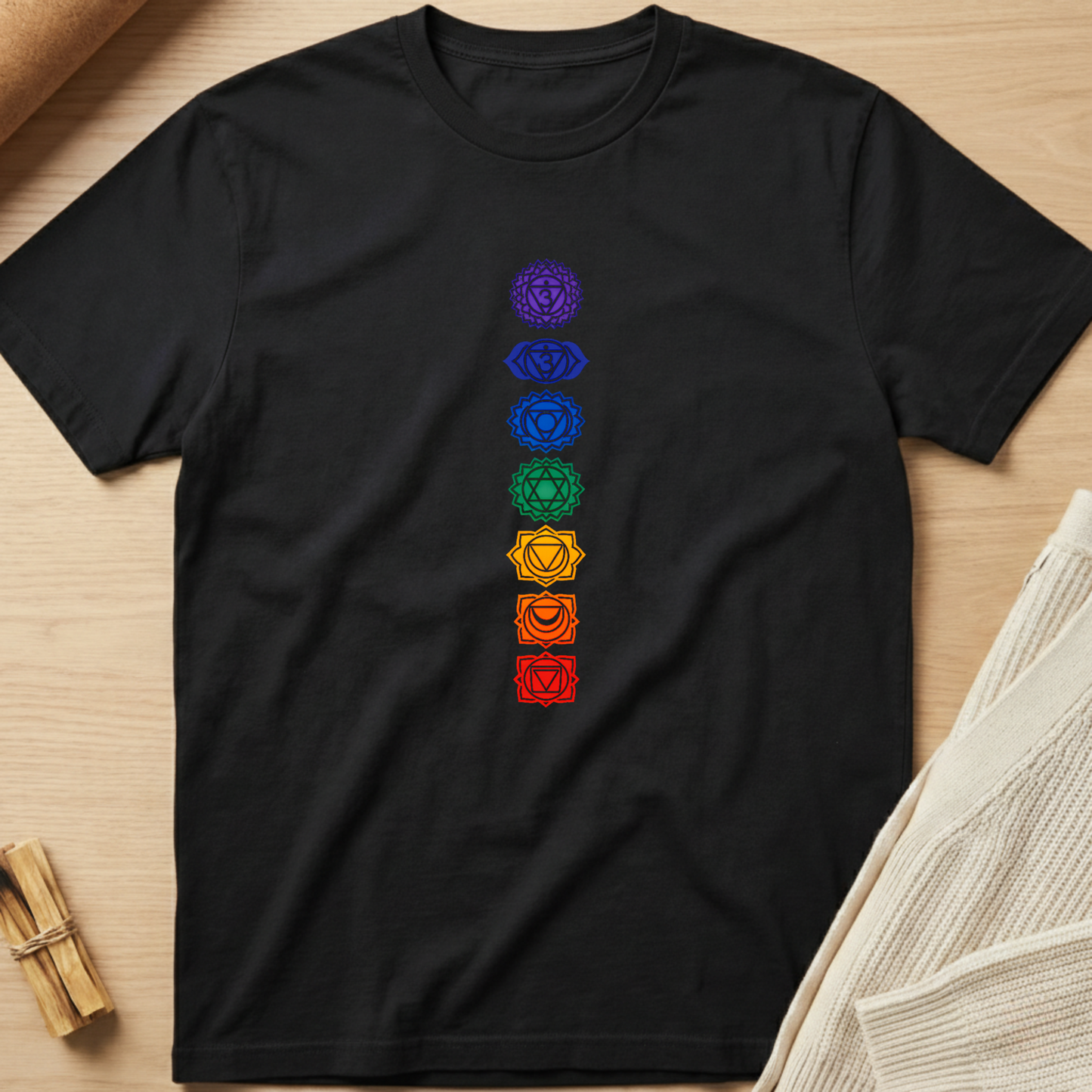 Black t-shirt with colorful chakra symbols on a wooden surface. Minimalist yoga apparel by pemuyo.