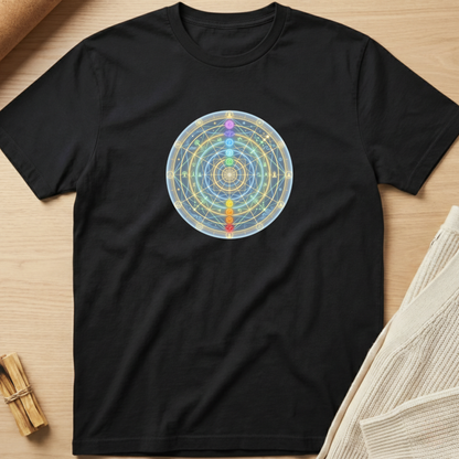 A black short-sleeve crewneck t-shirt laid flat on a light wood surface, featuring a circular chakra design printed on the chest with multiple colored energy symbols. Minimalist yoga apparel by pemuyo.