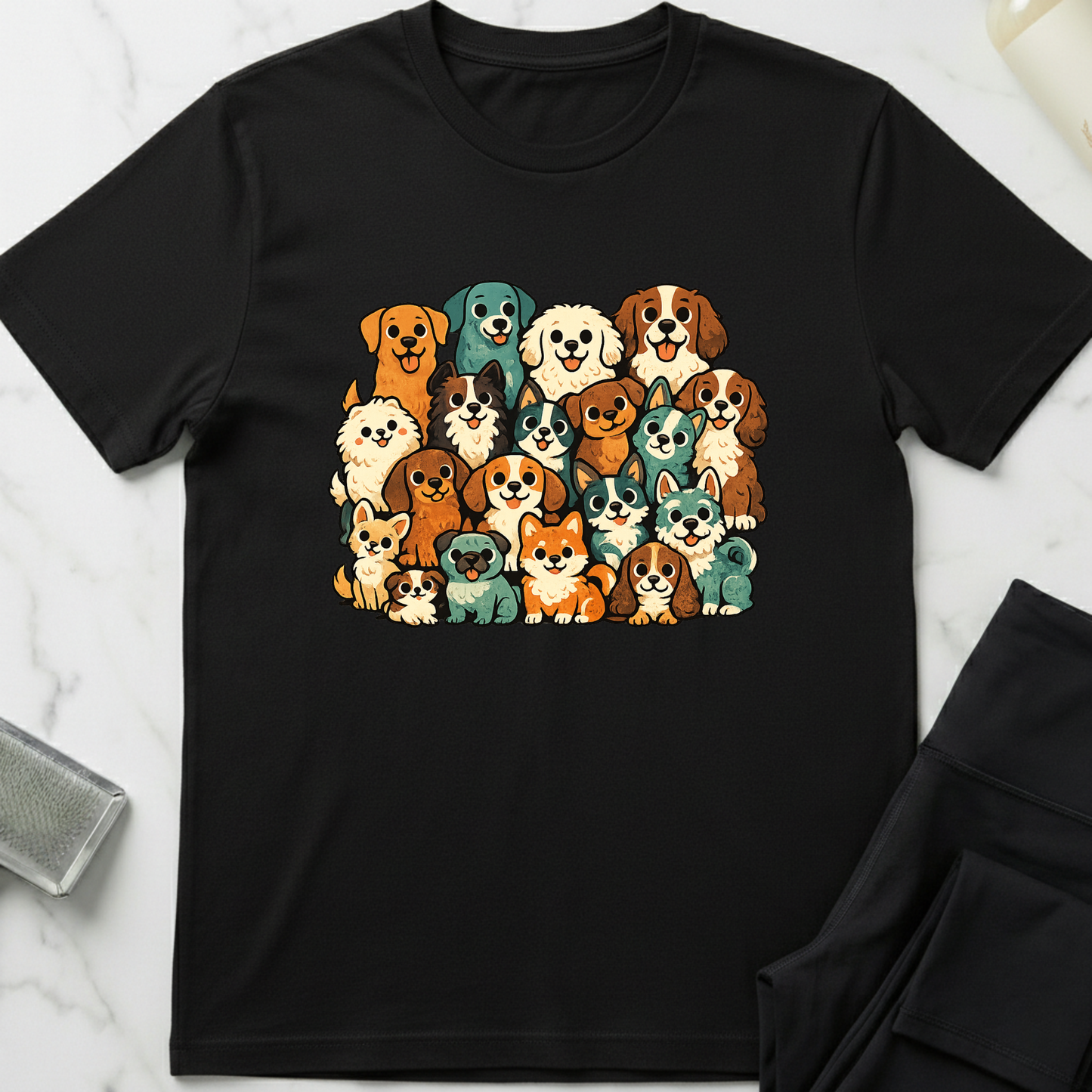 Black t-shirt with colorful dog illustrations on a white marble surface. Minimalist dog apparel by pemuyo.