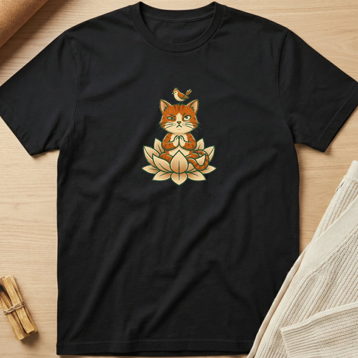 A black short-sleeve crewneck t-shirt laid flat on a light wood surface, featuring a central graphic of a meditating orange cat sitting on a lotus flower with a small bird on its head. Minimalist yoga apparel by pemuyo.