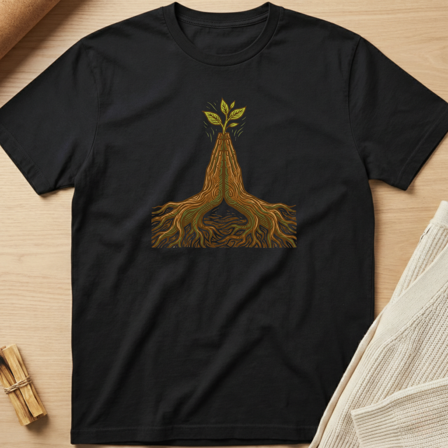 Black t-shirt with a graphic of a plant with roots on a wooden surface. Minimalist yoga apparel by pemuyo.