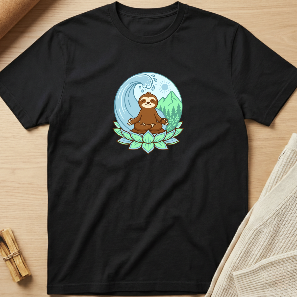 A black short-sleeve crewneck t-shirt laid flat on a light wood surface, featuring a colorful graphic of a meditating brown sloth sitting on a green lotus flower, with a blue wave and green mountains in the background. Minimalist yoga apparel by pemuyo.