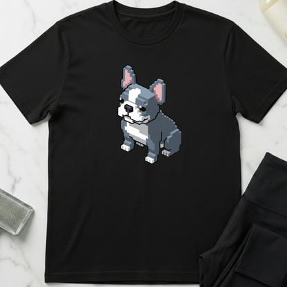 Black t-shirt with a pixelated dog graphic on a marble surface. Minimalist dog apparel by pemuyo.
