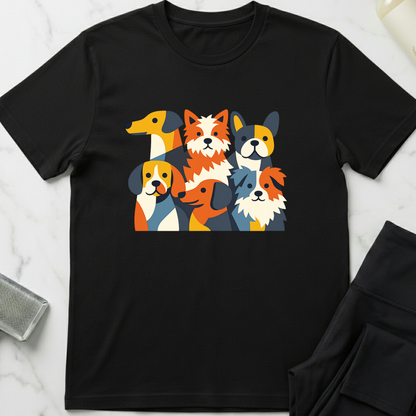 Black t-shirt with colorful dog graphic on a white marble surface. Minimalist dog apparel by pemuyo.