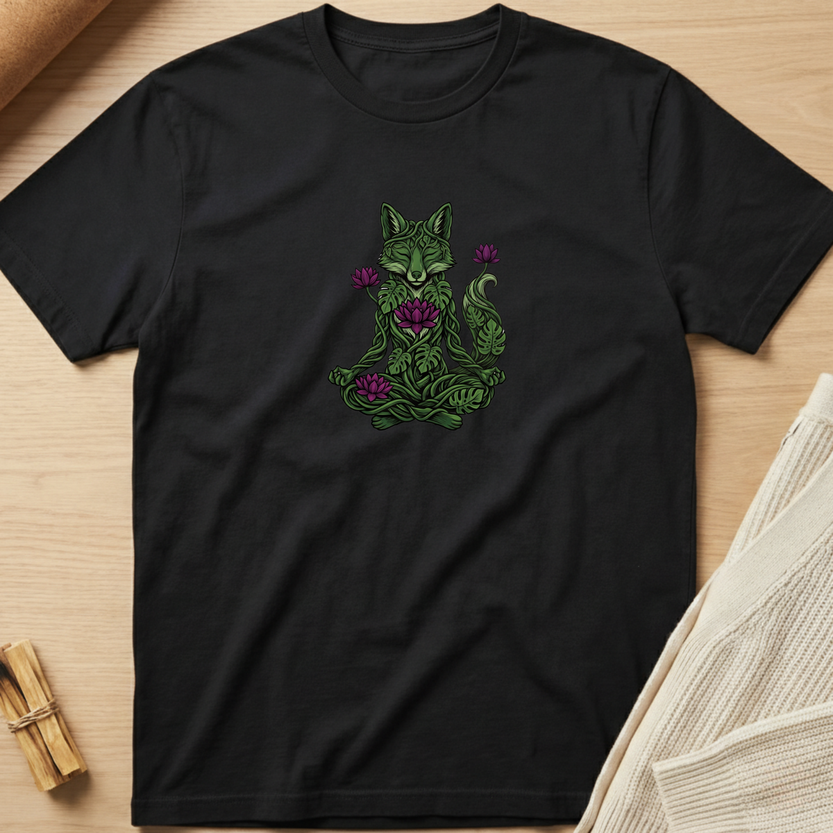 A black short-sleeve crewneck t-shirt laid flat on a light wood surface, featuring a green meditating cat graphic with purple flowers on the chest. Minimalist yoga apparel by pemuyo.
