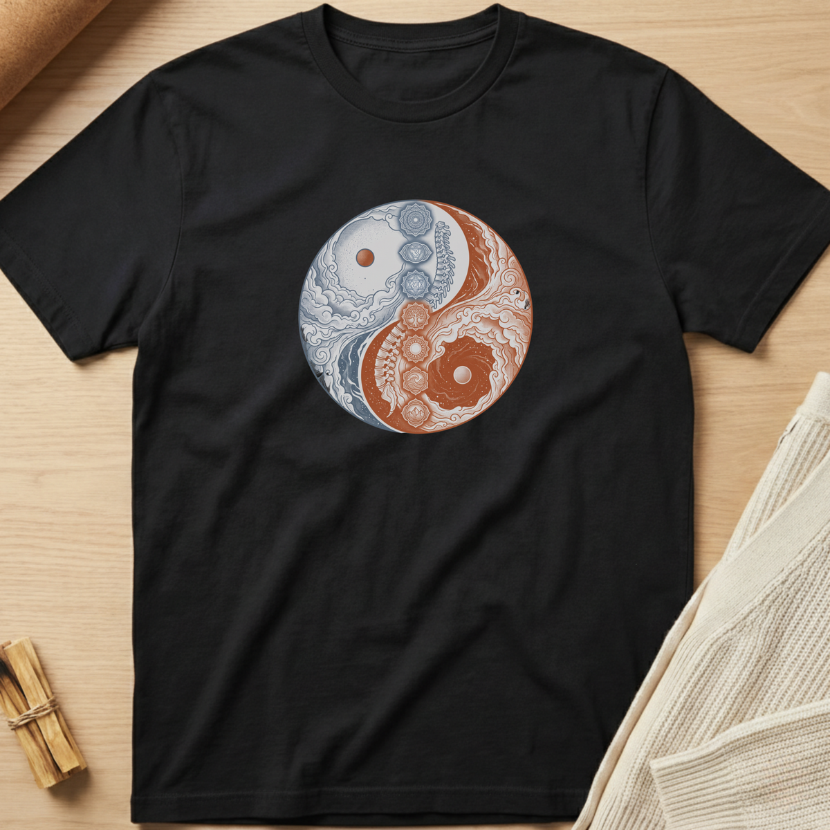 A black short-sleeve t-shirt laid flat on a light wood surface, featuring a circular yin-yang style graphic on the chest with blue and rust-orange ornamental details. A cream knit fabric and small wooden bundle are partially visible as styled props. Minimalist yoga apparel by pemuyo.