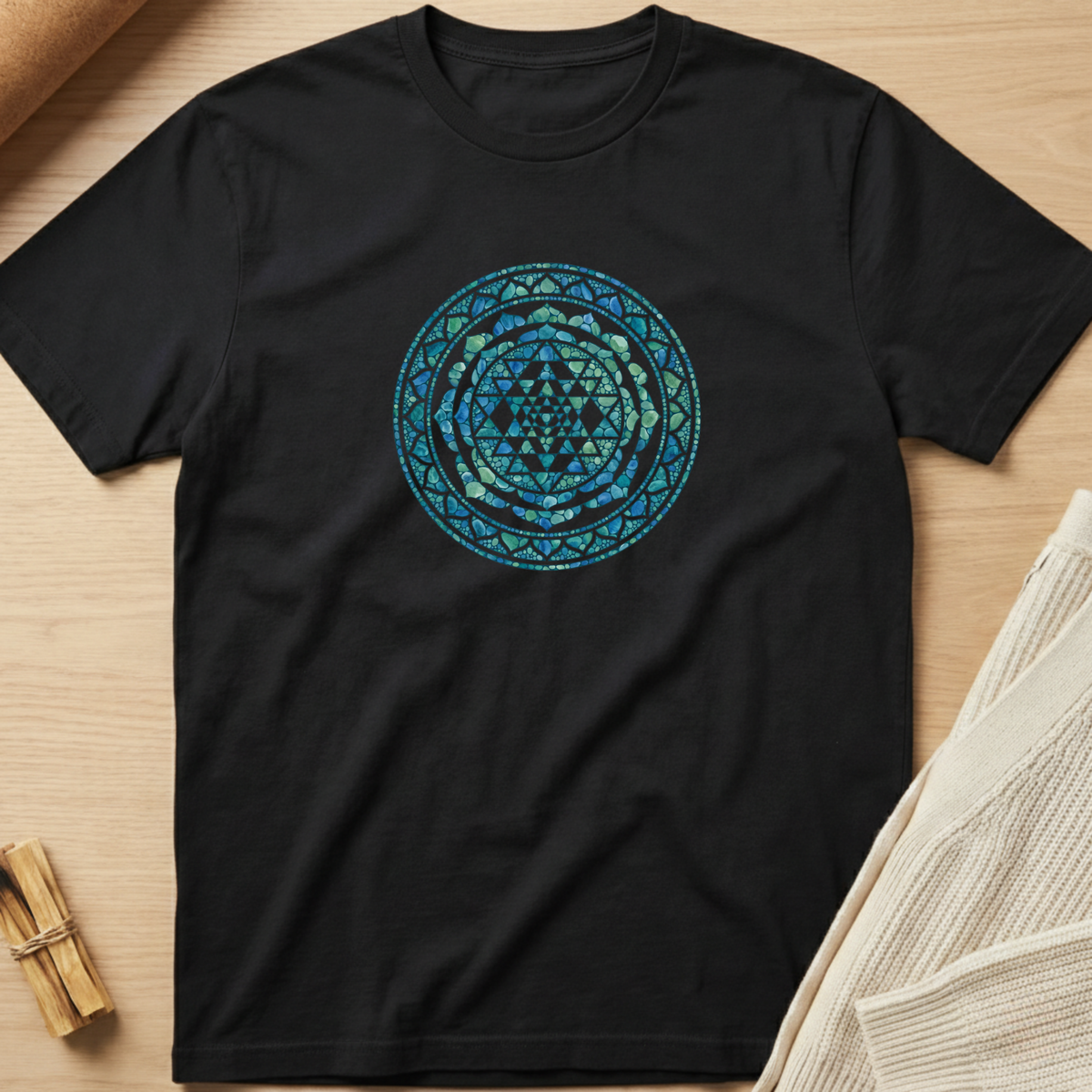 A black short-sleeve crewneck t-shirt laid flat on a light wood surface, featuring a circular mandala-style graphic in shades of blue and teal on the chest. Styled flat-lay props include a small bundle of wooden sticks in the bottom-left corner and a folded cream knit fabric in the bottom-right. Minimalist yoga apparel by pemuyo.