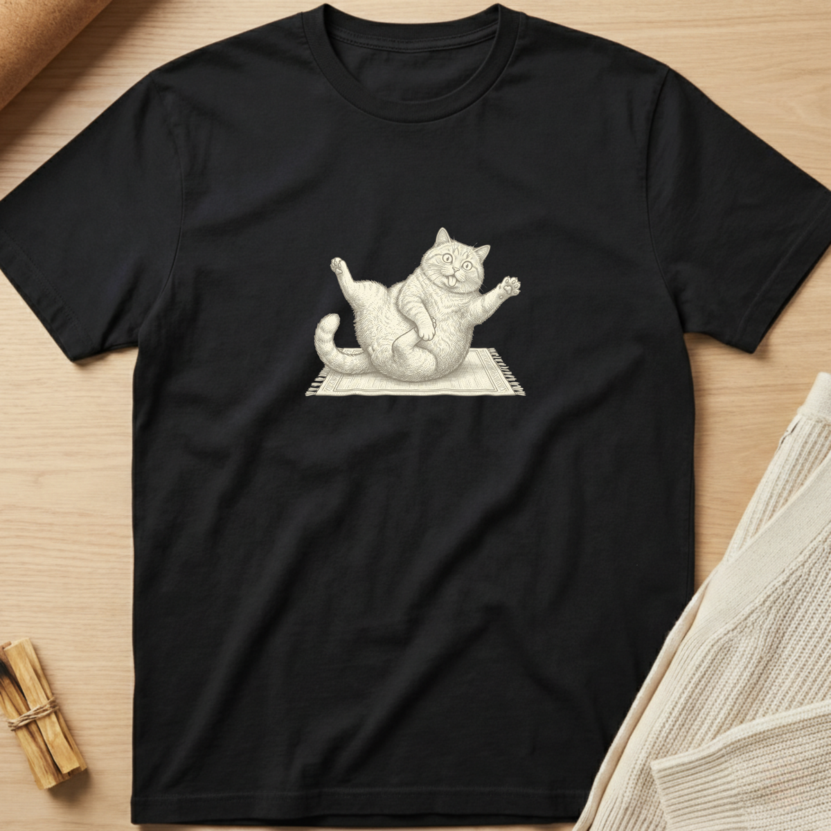 A black short-sleeve crewneck t-shirt laid flat on a light wood surface, featuring a white line art graphic of a relaxed cat stretching on a small rug in the center chest. Minimalist yoga apparel by pemuyo.