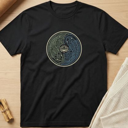 A black short-sleeve t-shirt laid flat on a light wood surface, featuring a circular yin-yang style graphic with a lotus flower and two bird figures in blue and green, bordered by small white dots. Minimalist yoga apparel by pemuyo.
