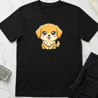 Black t-shirt with a cartoon dog design on a white marble surface. Minimalist dog apparel by pemuyo.