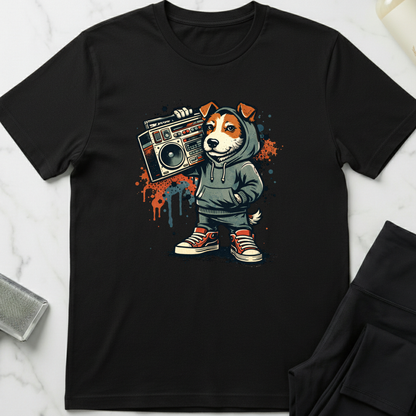 Black t-shirt with a graphic of a dog in a hoodie holding a boombox on a white marble surface. Minimalist dog apparel by pemuyo.