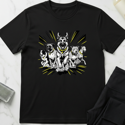 Black t-shirt with a graphic of five dogs on a white marble surface. Minimalist dog apparel by pemuyo.