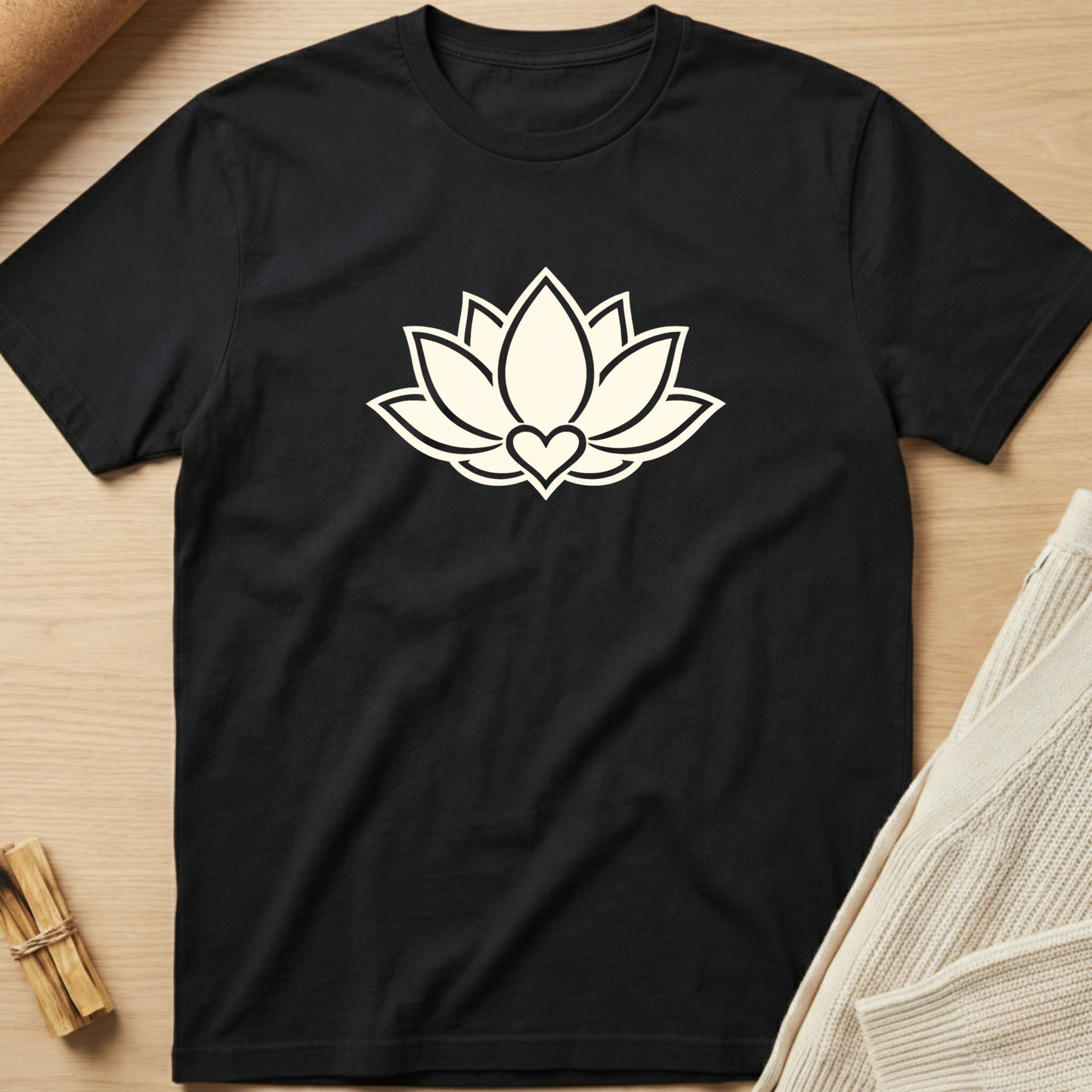 Black t-shirt with a white lotus flower design on a wooden surface. Minimalist yoga apparel by pemuyo.