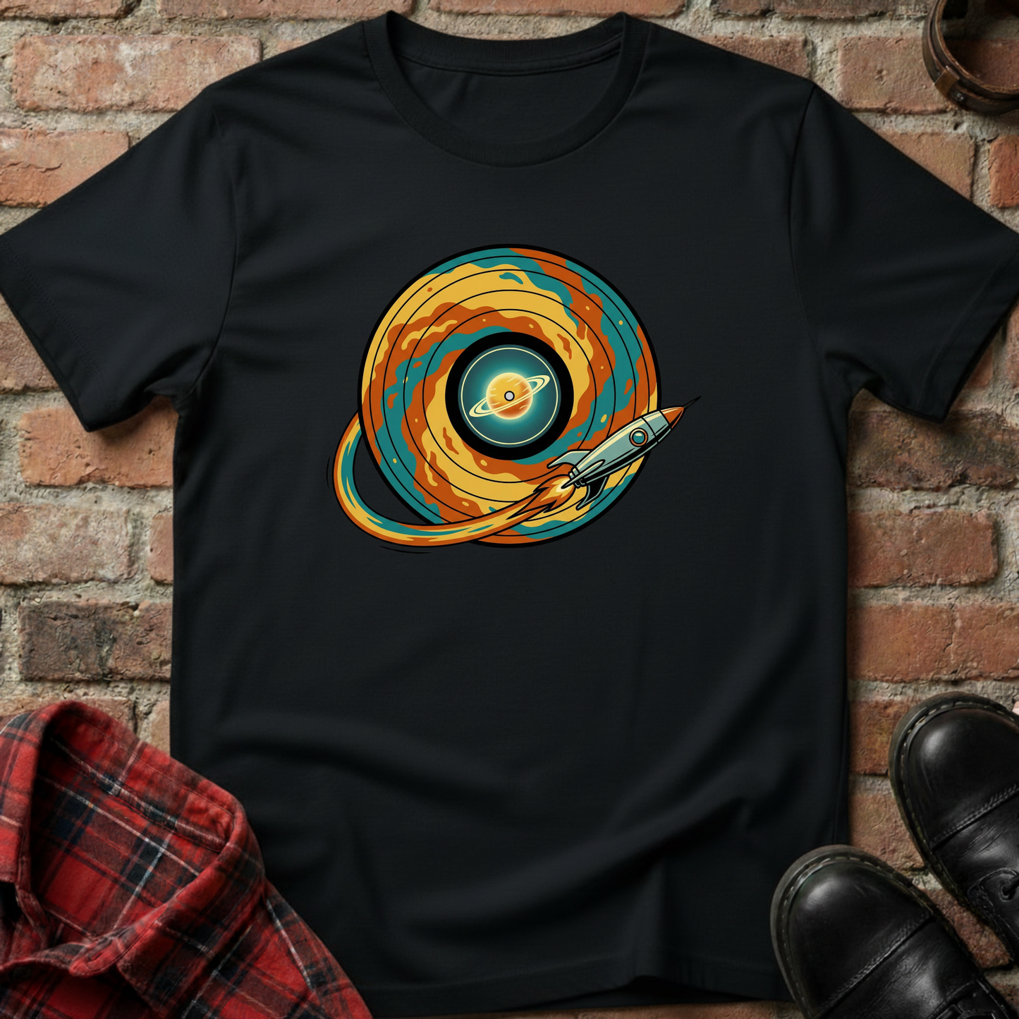 Black t-shirt with a colorful graphic design of a planet and spaceship, placed against a brick wall. Minimalist music apparel by pemuyo.