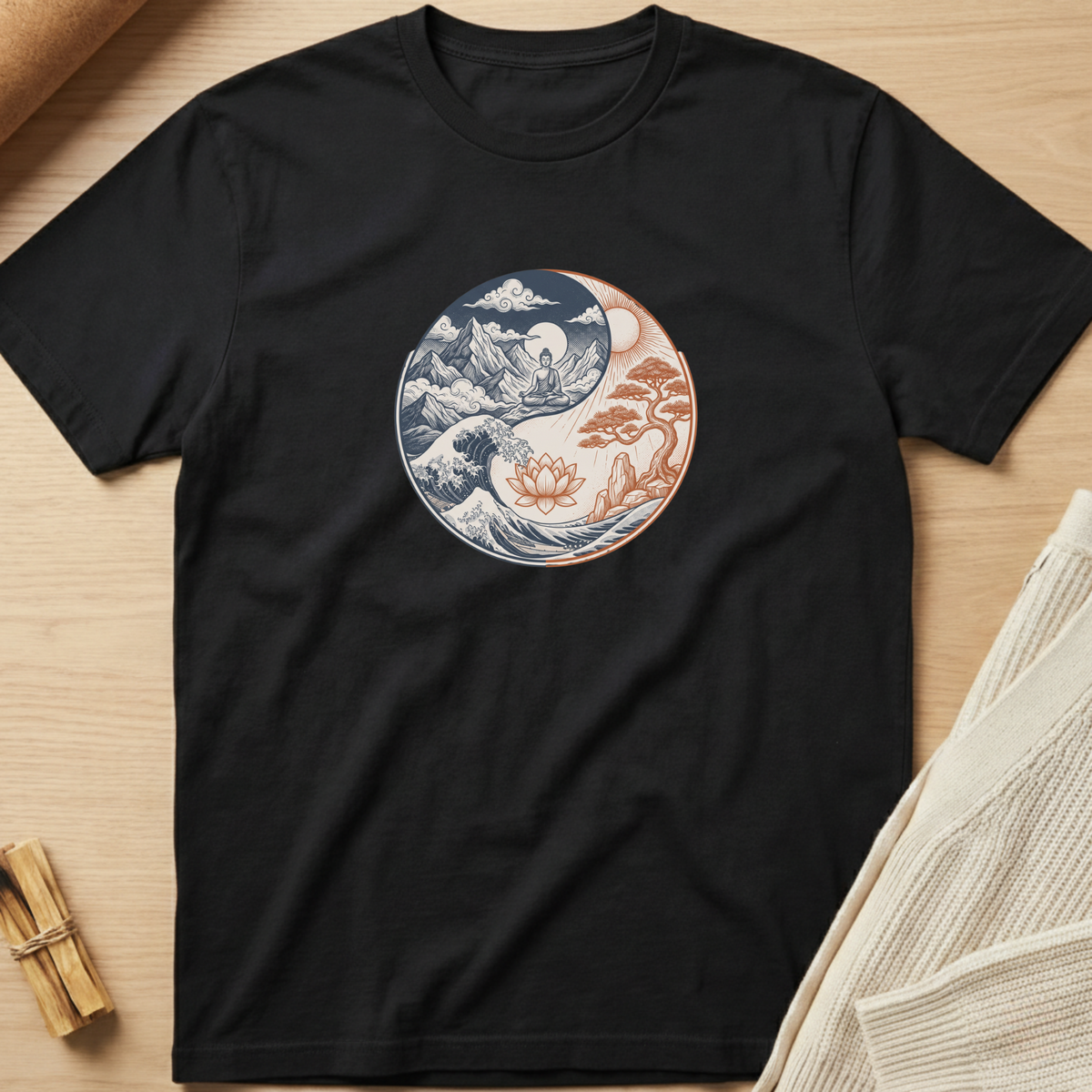 A black short-sleeve t-shirt laid flat on a light wood surface, featuring a circular yin-yang style graphic on the chest with blue ocean waves, a white lotus flower, and a peach-colored tree. Minimalist yoga apparel by pemuyo.