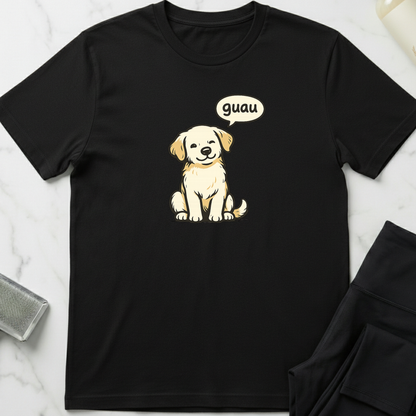 Black t-shirt with a cartoon dog and 'guau' speech bubble on a white marble surface. Minimalist dog apparel by pemuyo.