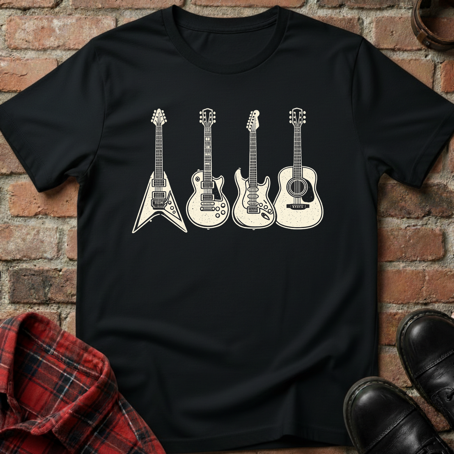 Black t-shirt with white guitar illustrations on a brick wall background. Minimalist music apparel by pemuyo.