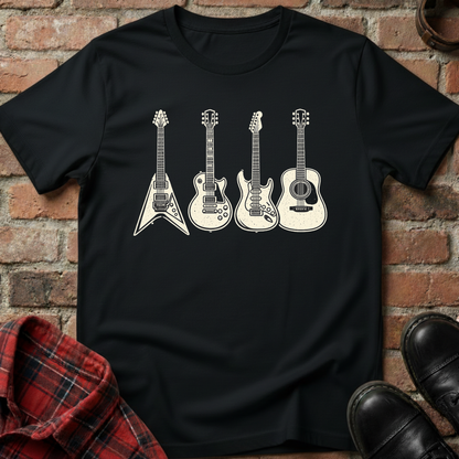 Black t-shirt with white guitar illustrations on a brick wall background. Minimalist music apparel by pemuyo.