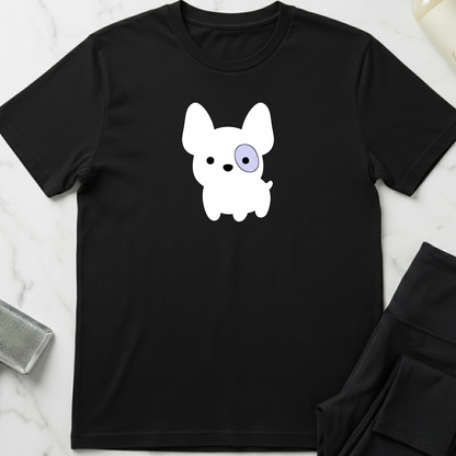 Black t-shirt with a white dog graphic on a marble surface. Minimalist dog apparel by pemuyo.