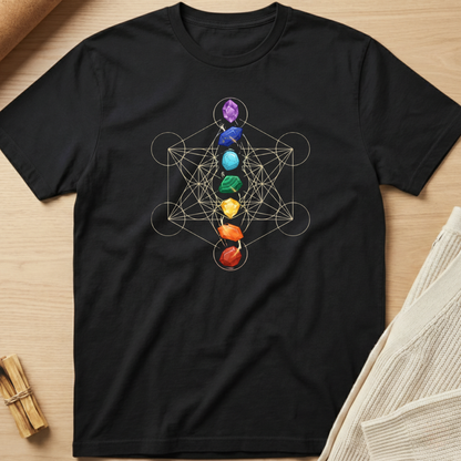 Black t-shirt with a colorful chakra design on a wooden surface. Minimalist yoga apparel by pemuyo.