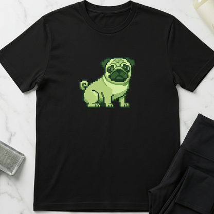 Black t-shirt with a pixelated pug design on a white marble surface. Minimalist dog apparel by pemuyo.